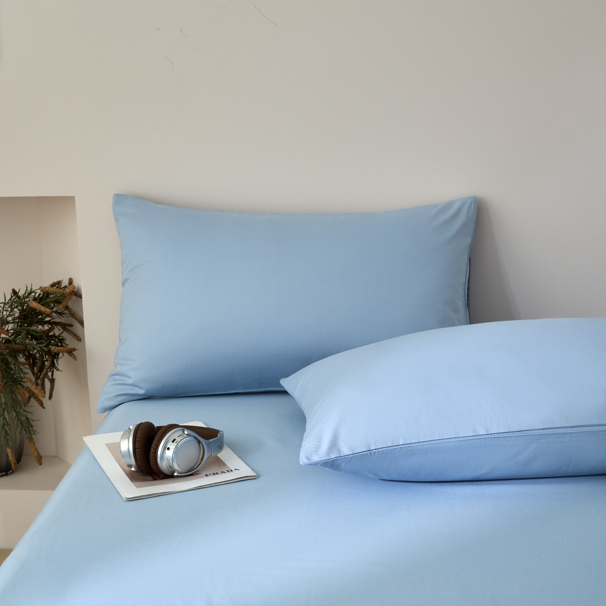 91家纺网 家纺一手货源 找家纺 泽西家纺+V17798841158发大图 2026新品A类全棉13376简约纯色双拼全棉四件套单被套枕套三件套 水雾蓝