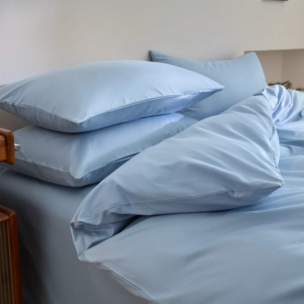 91家纺网 家纺一手货源 找家纺 泽西家纺+V17798841158发大图 2026新品A类全棉13376简约纯色双拼全棉四件套单被套枕套三件套 水雾蓝