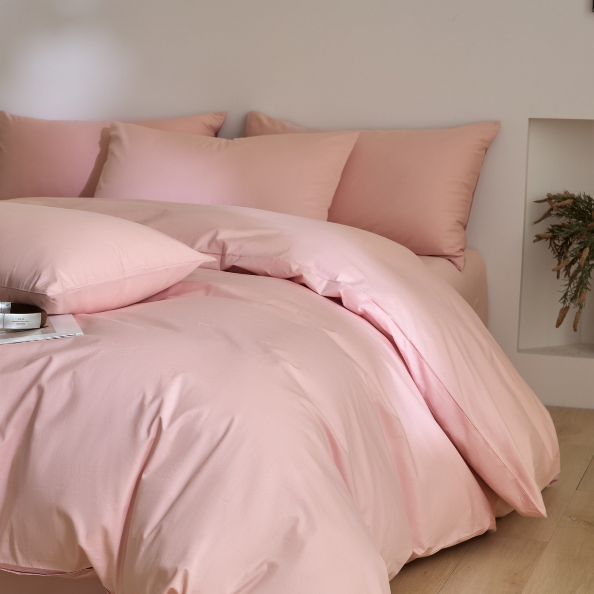 91家纺网 家纺一手货源 找家纺 泽西家纺+V17798841158发大图 2026新品A类全棉13376简约纯色双拼全棉四件套单被套枕套三件套 浅喜粉