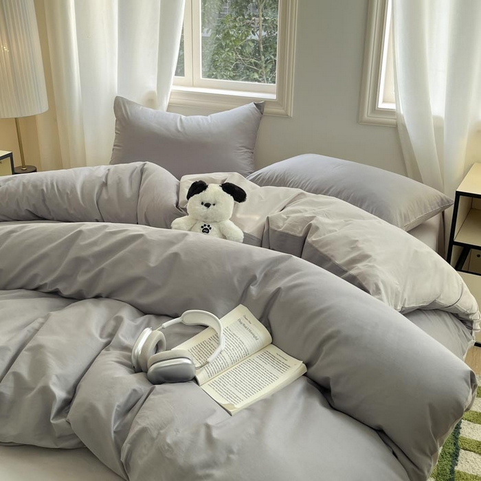 91家纺网 家纺一手货源 找家纺 泽西家纺+V17798841158发大图 2026新品A类全棉13376简约纯色双拼全棉四件套单被套枕套三件套 深灰+浅灰