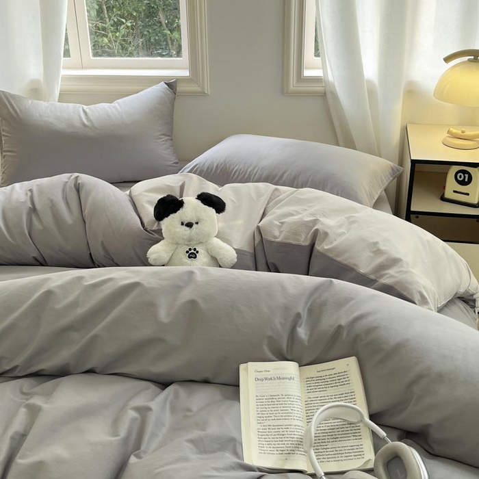 91家纺网 家纺一手货源 找家纺 泽西家纺+V17798841158发大图 2026新品A类全棉13376简约纯色双拼全棉四件套单被套枕套三件套 深灰+浅灰