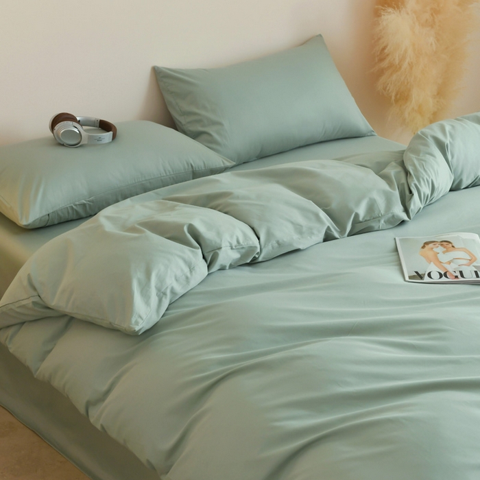 91家纺网 家纺一手货源 找家纺 泽西家纺+V17798841158发大图 2026新品A类全棉13376简约纯色双拼全棉四件套单被套枕套三件套 豆绿