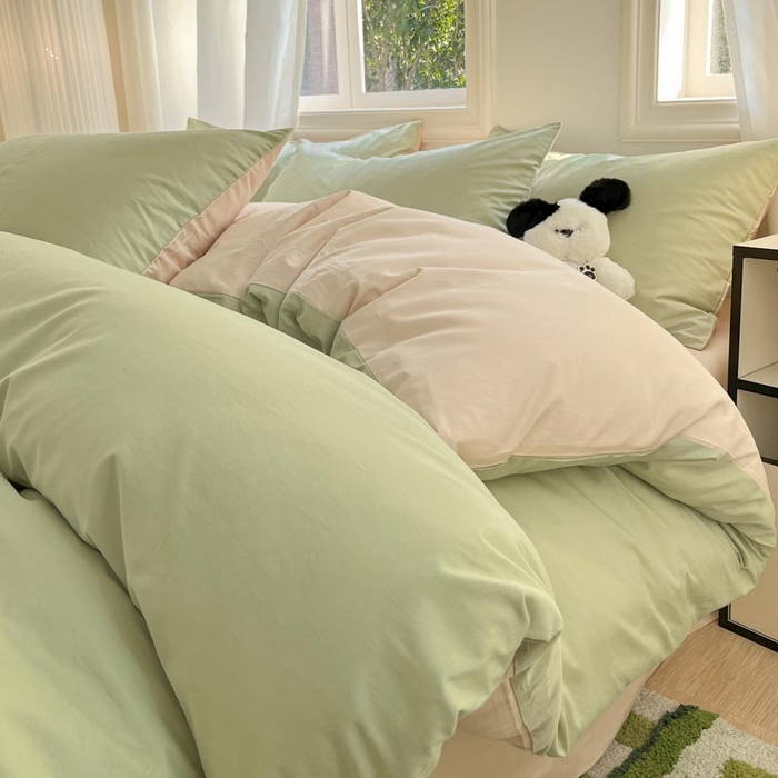 91家纺网 家纺一手货源 找家纺 泽西家纺+V17798841158发大图 2026新品A类全棉13376简约纯色双拼全棉四件套单被套枕套三件套 橄榄绿+奶茶