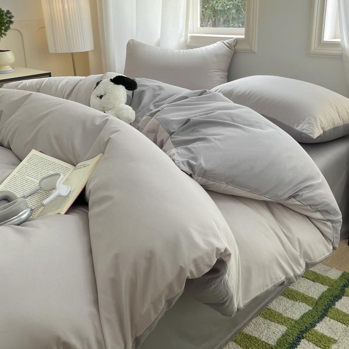 91家纺网 家纺一手货源 找家纺 泽西家纺+V17798841158发大图 2026新品A类全棉13376简约纯色双拼全棉四件套单被套枕套三件套 浅灰+深灰