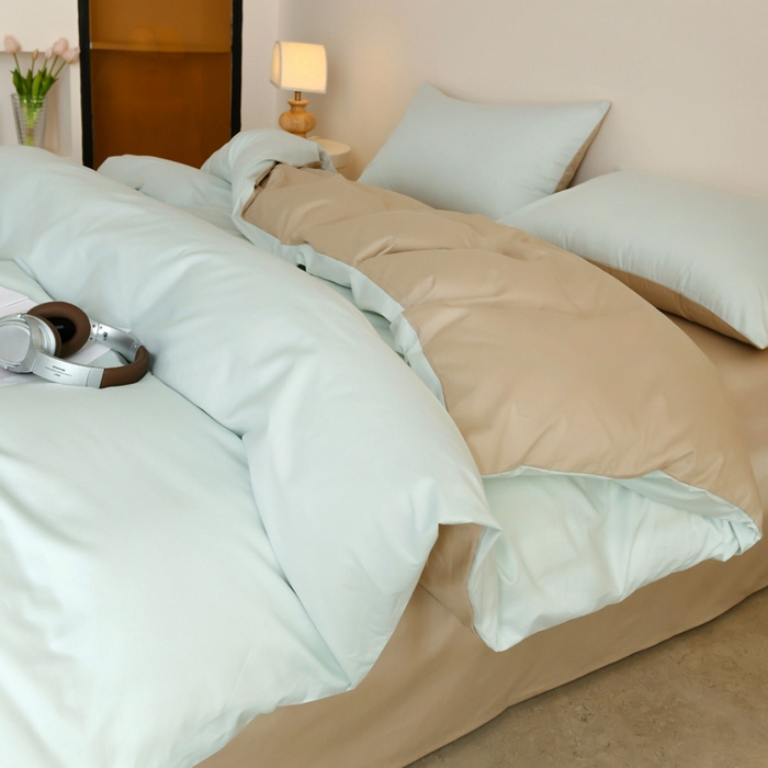 91家纺网 家纺一手货源 找家纺 泽西家纺+V17798841158发大图 2026新品A类全棉13376简约纯色双拼全棉四件套单被套枕套三件套 浅绿+卡其