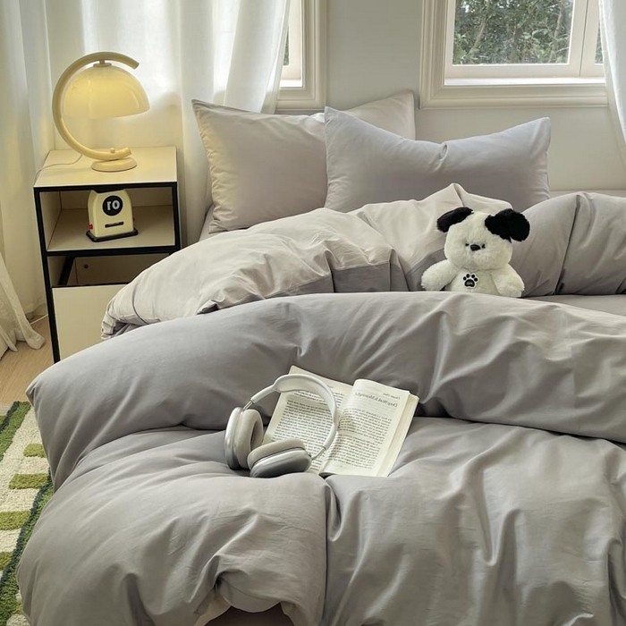 91家纺网 家纺一手货源 找家纺 泽西家纺+V17798841158发大图 2026新品A类全棉13376简约纯色双拼全棉四件套单被套枕套三件套 深灰+浅灰