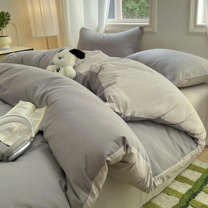 91家纺网 家纺一手货源 找家纺 泽西家纺+V17798841158发大图 2026新品A类全棉13376简约纯色双拼全棉四件套单被套枕套三件套 深灰+浅灰