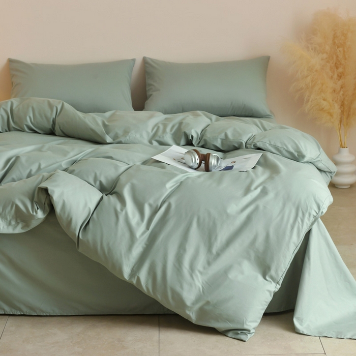 91家纺网 家纺一手货源 找家纺 泽西家纺+V17798841158发大图 2026新品A类全棉13376简约纯色双拼全棉四件套单被套枕套三件套 豆绿