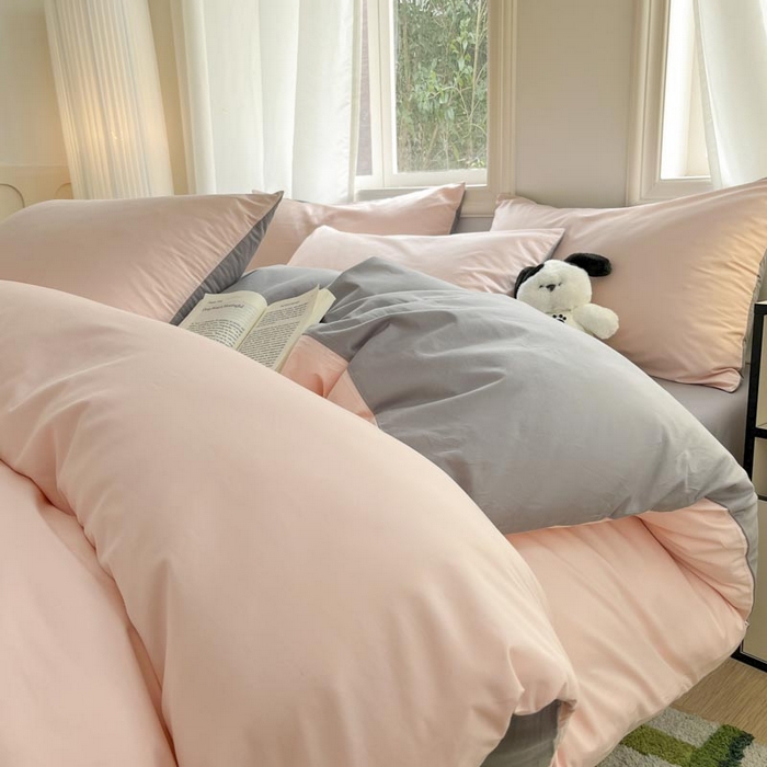 91家纺网 家纺一手货源 找家纺 泽西家纺+V17798841158发大图 2026新品A类全棉13376简约纯色双拼全棉四件套单被套枕套三件套 樱粉+深灰