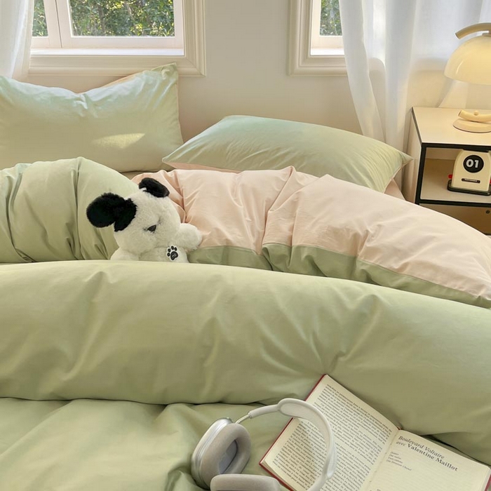 91家纺网 家纺一手货源 找家纺 泽西家纺+V17798841158发大图 2026新品A类全棉13376简约纯色双拼全棉四件套单被套枕套三件套 橄榄绿+奶茶