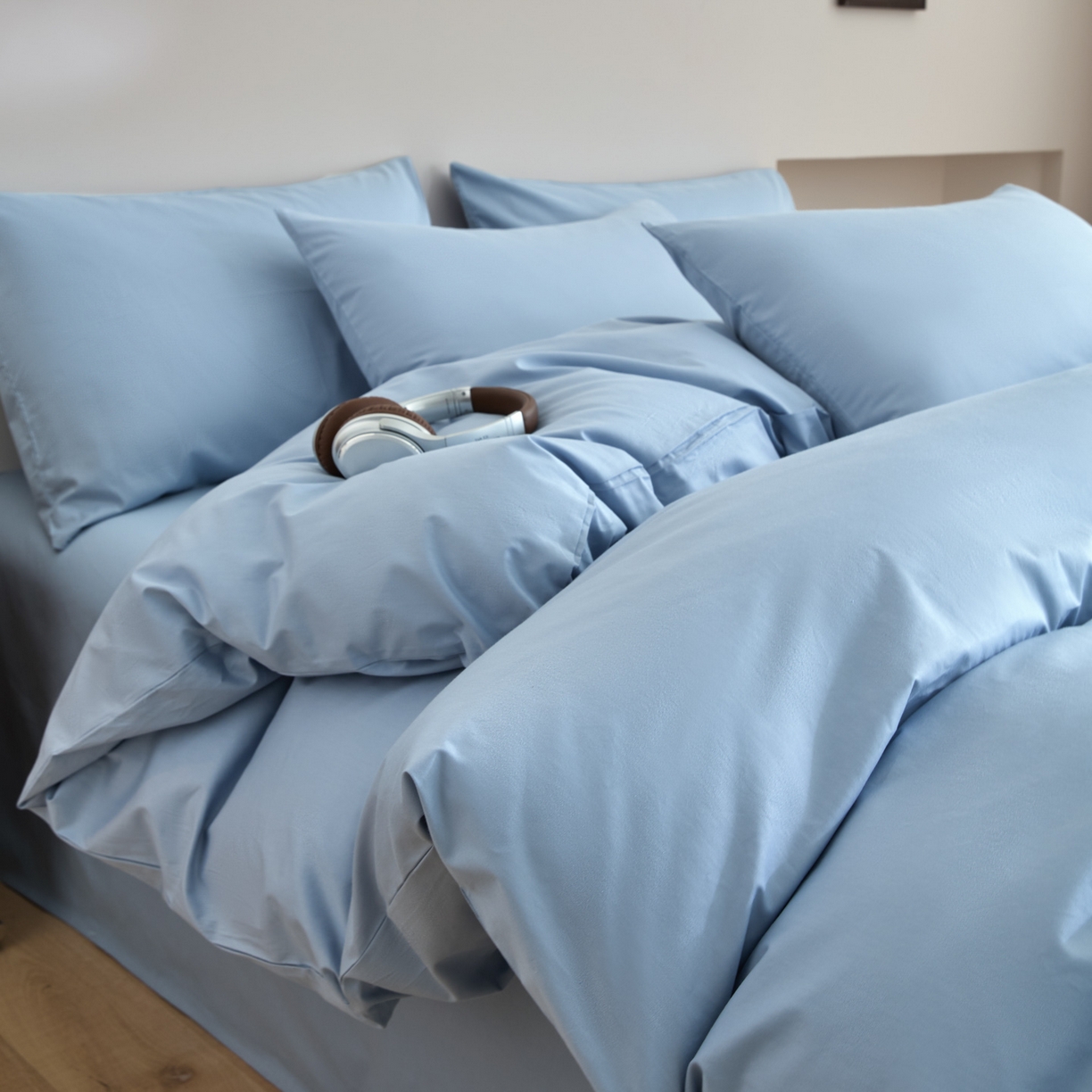 91家纺网 家纺一手货源 找家纺 泽西家纺+V17798841158发大图 2026新品A类全棉13376简约纯色双拼全棉四件套单被套枕套三件套 水雾蓝