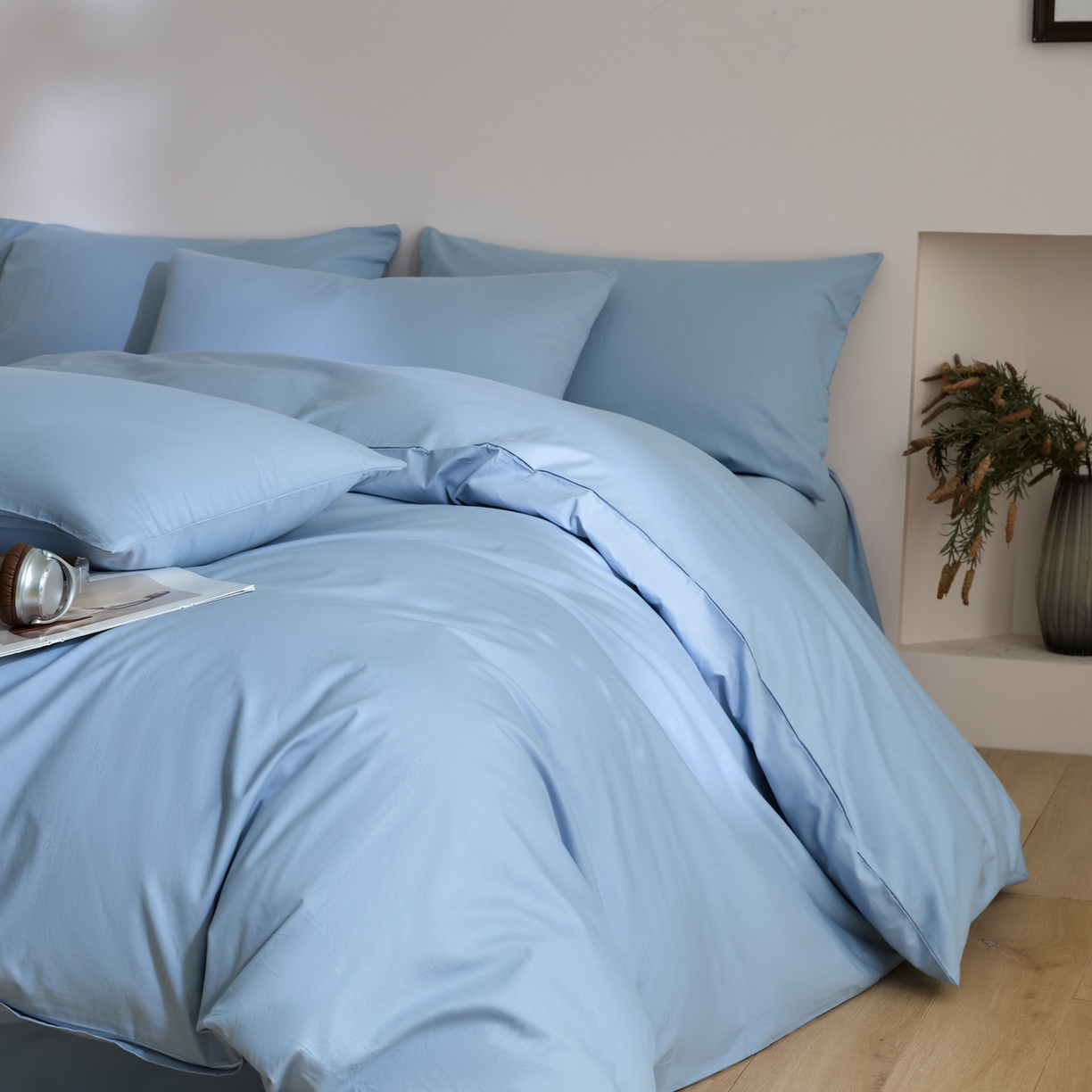 91家纺网 家纺一手货源 找家纺 泽西家纺+V17798841158发大图 2026新品A类全棉13376简约纯色双拼全棉四件套单被套枕套三件套 水雾蓝