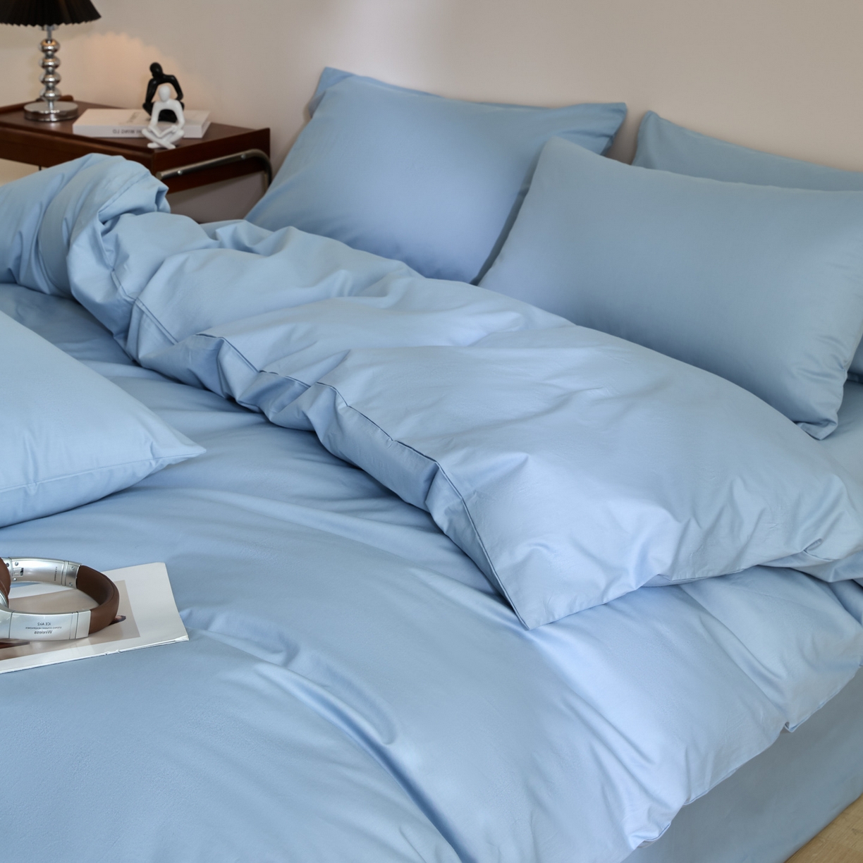 91家纺网 家纺一手货源 找家纺 泽西家纺+V17798841158发大图 2026新品A类全棉13376简约纯色双拼全棉四件套单被套枕套三件套 水雾蓝