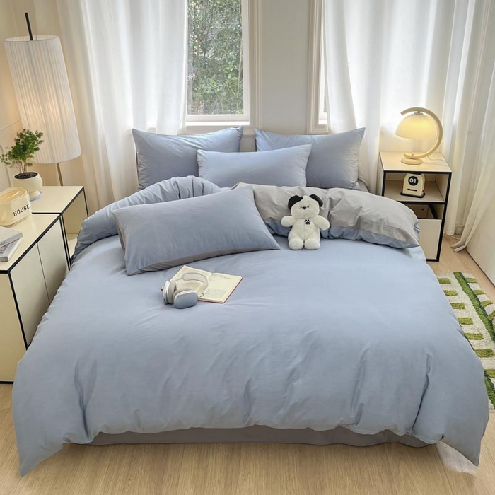 泽西家纺+V17798841158发大图 2026新品A类全棉13376简约纯色双拼全棉四件套单被套枕套三件套 淡蓝+深灰