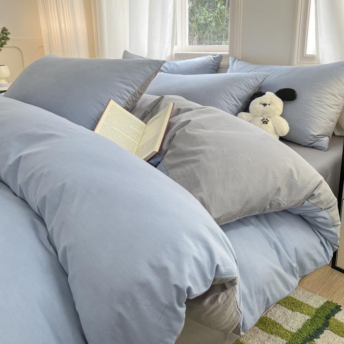 91家纺网 家纺一手货源 找家纺 泽西家纺+V17798841158发大图 2026新品A类全棉13376简约纯色双拼全棉四件套单被套枕套三件套 淡蓝+深灰