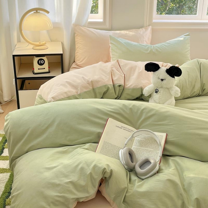 91家纺网 家纺一手货源 找家纺 泽西家纺+V17798841158发大图 2026新品A类全棉13376简约纯色双拼全棉四件套单被套枕套三件套 橄榄绿+奶茶