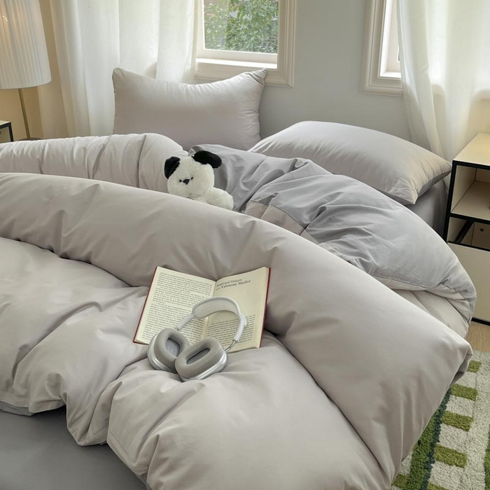 91家纺网 家纺一手货源 找家纺 泽西家纺+V17798841158发大图 2026新品A类全棉13376简约纯色双拼全棉四件套单被套枕套三件套 浅灰+深灰