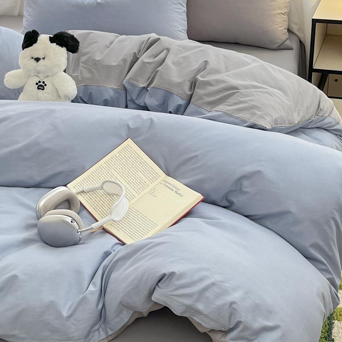 91家纺网 家纺一手货源 找家纺 泽西家纺+V17798841158发大图 2026新品A类全棉13376简约纯色双拼全棉四件套单被套枕套三件套 淡蓝+深灰