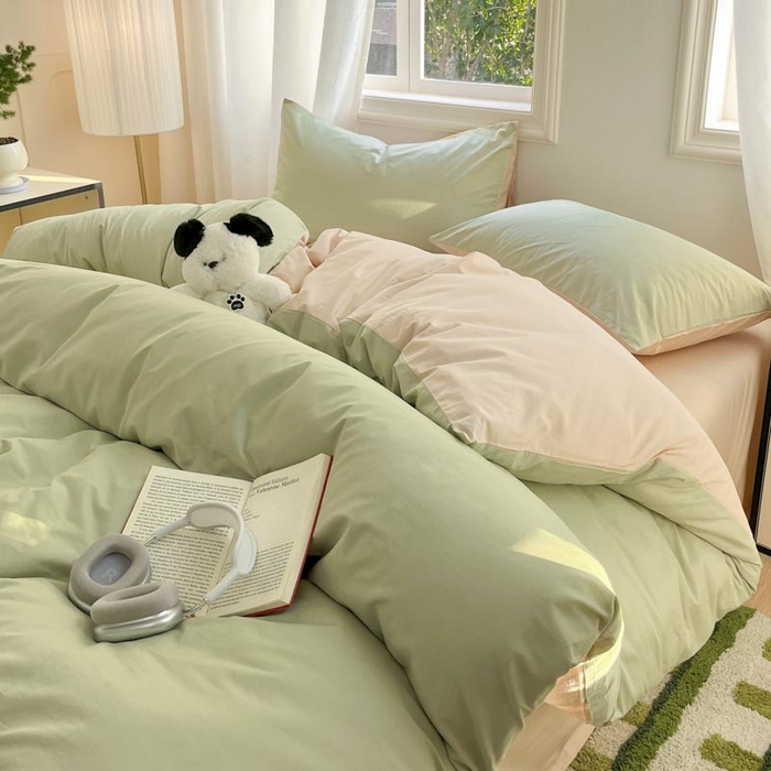 91家纺网 家纺一手货源 找家纺 泽西家纺+V17798841158发大图 2026新品A类全棉13376简约纯色双拼全棉四件套单被套枕套三件套 橄榄绿+奶茶