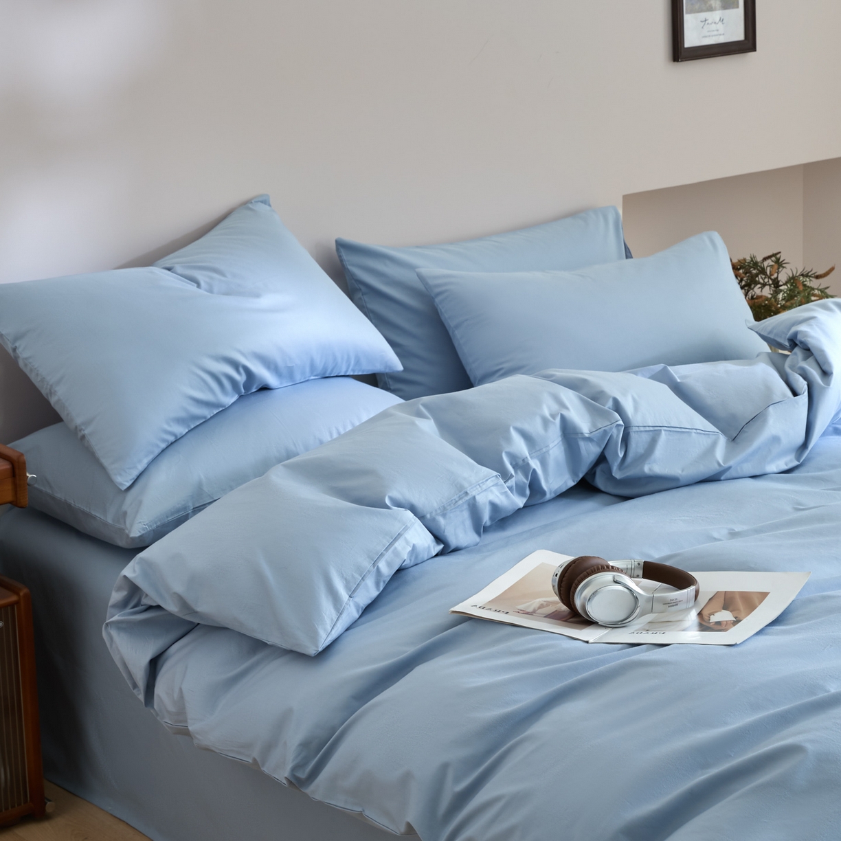 91家纺网 家纺一手货源 找家纺 泽西家纺+V17798841158发大图 2026新品A类全棉13376简约纯色双拼全棉四件套单被套枕套三件套 水雾蓝