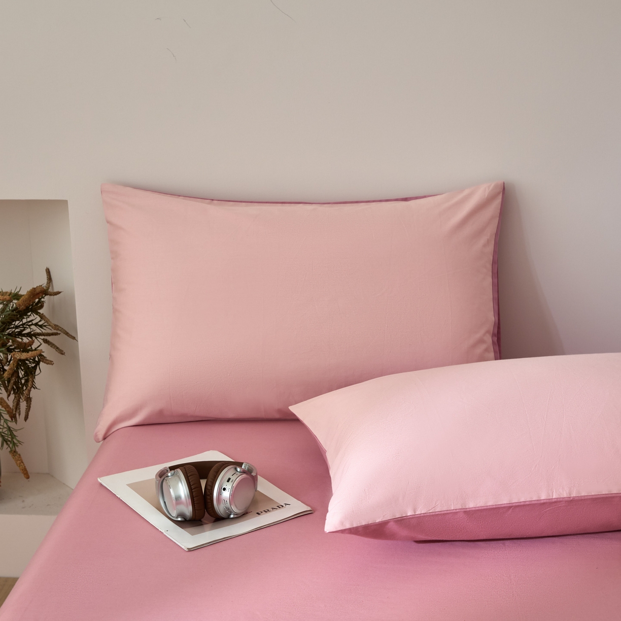 91家纺网 家纺一手货源 找家纺 泽西家纺+V17798841158发大图 2026新品A类全棉13376简约纯色双拼全棉四件套单被套枕套三件套 浅喜粉+暖豆沙