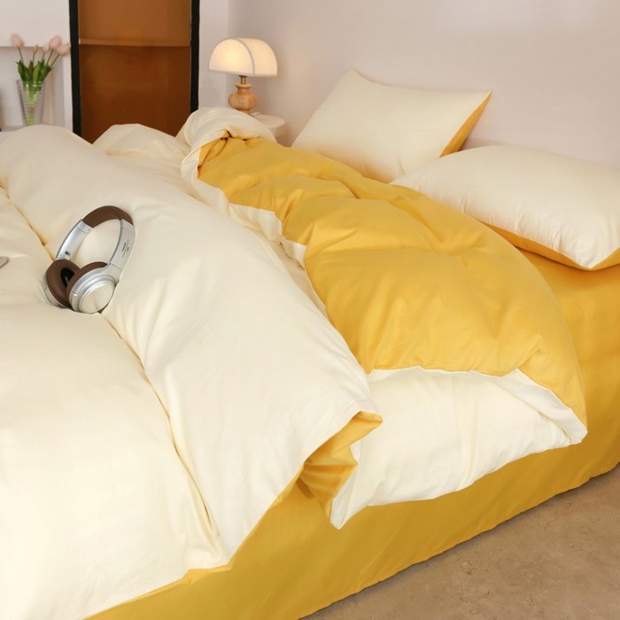 91家纺网 家纺一手货源 找家纺 泽西家纺+V17798841158发大图 2026新品A类全棉13376简约纯色双拼全棉四件套单被套枕套三件套 米黄+亮黄