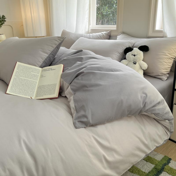 91家纺网 家纺一手货源 找家纺 泽西家纺+V17798841158发大图 2026新品A类全棉13376简约纯色双拼全棉四件套单被套枕套三件套 浅灰+深灰