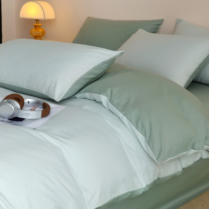 91家纺网 家纺一手货源 找家纺 泽西家纺+V17798841158发大图 2026新品A类全棉13376简约纯色双拼全棉四件套单被套枕套三件套 浅绿+豆绿