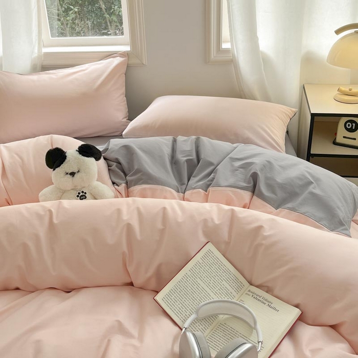 91家纺网 家纺一手货源 找家纺 泽西家纺+V17798841158发大图 2026新品A类全棉13376简约纯色双拼全棉四件套单被套枕套三件套 樱粉+深灰