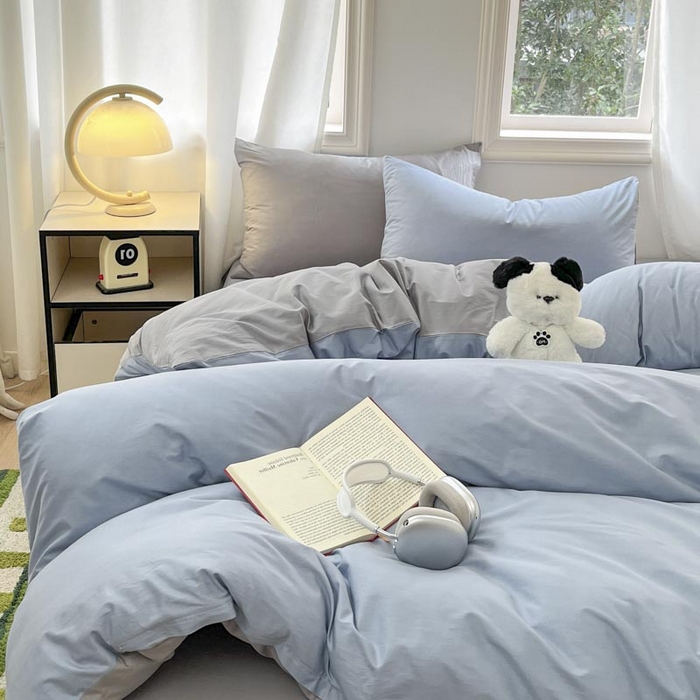 91家纺网 家纺一手货源 找家纺 泽西家纺+V17798841158发大图 2026新品A类全棉13376简约纯色双拼全棉四件套单被套枕套三件套 淡蓝+深灰