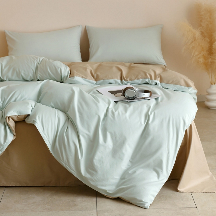 91家纺网 家纺一手货源 找家纺 泽西家纺+V17798841158发大图 2026新品A类全棉13376简约纯色双拼全棉四件套单被套枕套三件套 浅绿+卡其