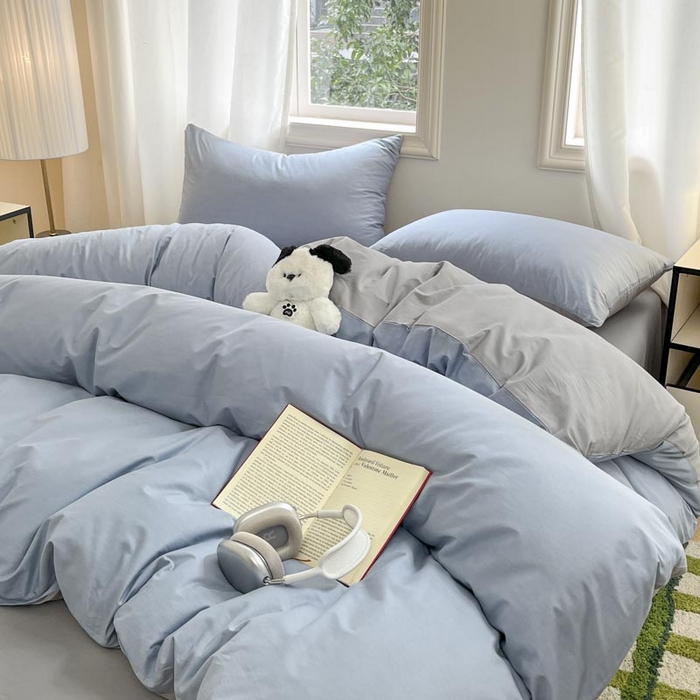 91家纺网 家纺一手货源 找家纺 泽西家纺+V17798841158发大图 2026新品A类全棉13376简约纯色双拼全棉四件套单被套枕套三件套 淡蓝+深灰