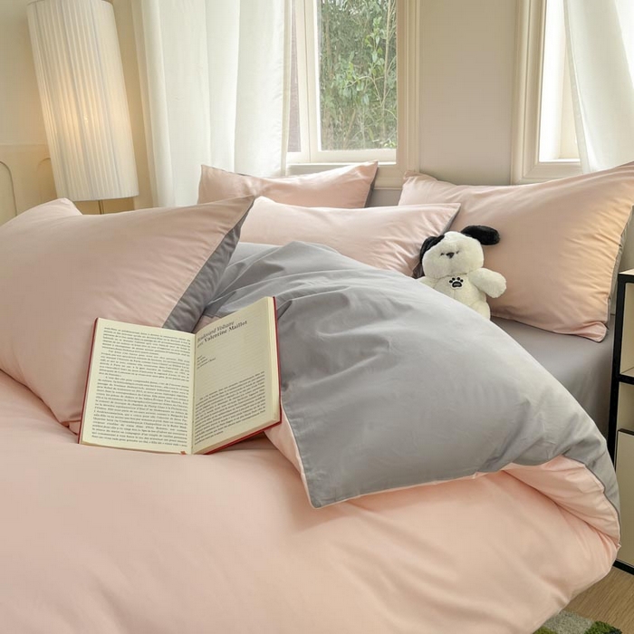 91家纺网 家纺一手货源 找家纺 泽西家纺+V17798841158发大图 2026新品A类全棉13376简约纯色双拼全棉四件套单被套枕套三件套 樱粉+深灰