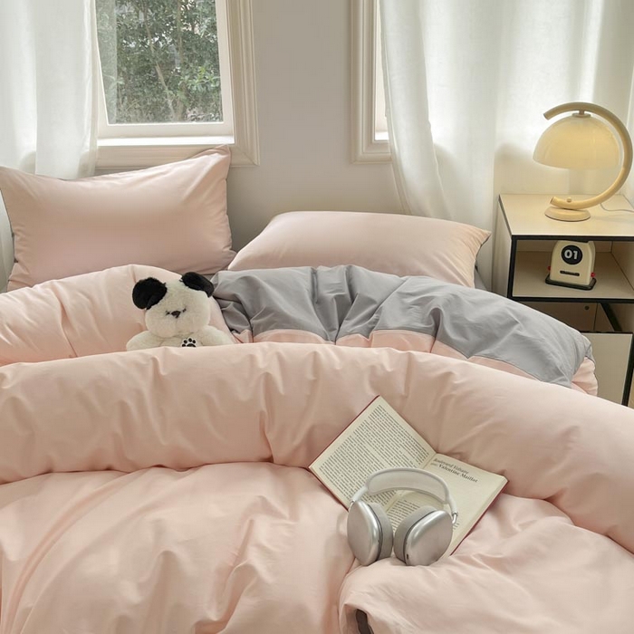 91家纺网 家纺一手货源 找家纺 泽西家纺+V17798841158发大图 2026新品A类全棉13376简约纯色双拼全棉四件套单被套枕套三件套 樱粉+深灰