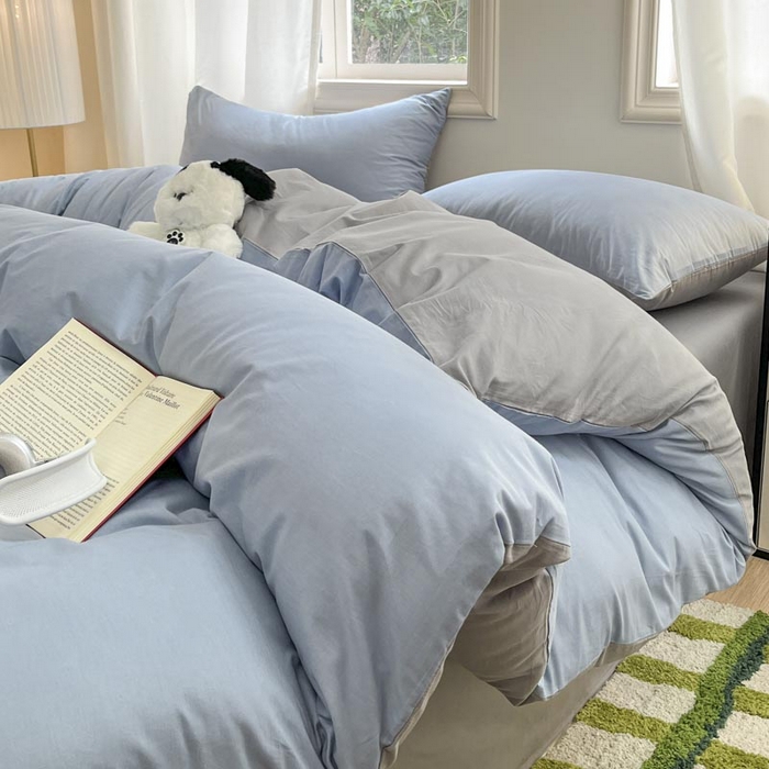 91家纺网 家纺一手货源 找家纺 泽西家纺+V17798841158发大图 2026新品A类全棉13376简约纯色双拼全棉四件套单被套枕套三件套 淡蓝+深灰
