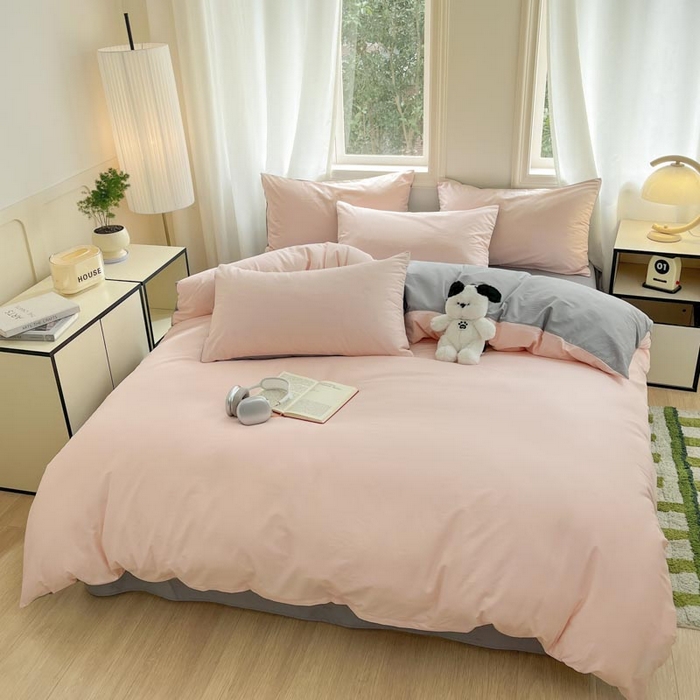 91家纺网 家纺一手货源 找家纺 泽西家纺+V17798841158发大图 2026新品A类全棉13376简约纯色双拼全棉四件套单被套枕套三件套 樱粉+深灰