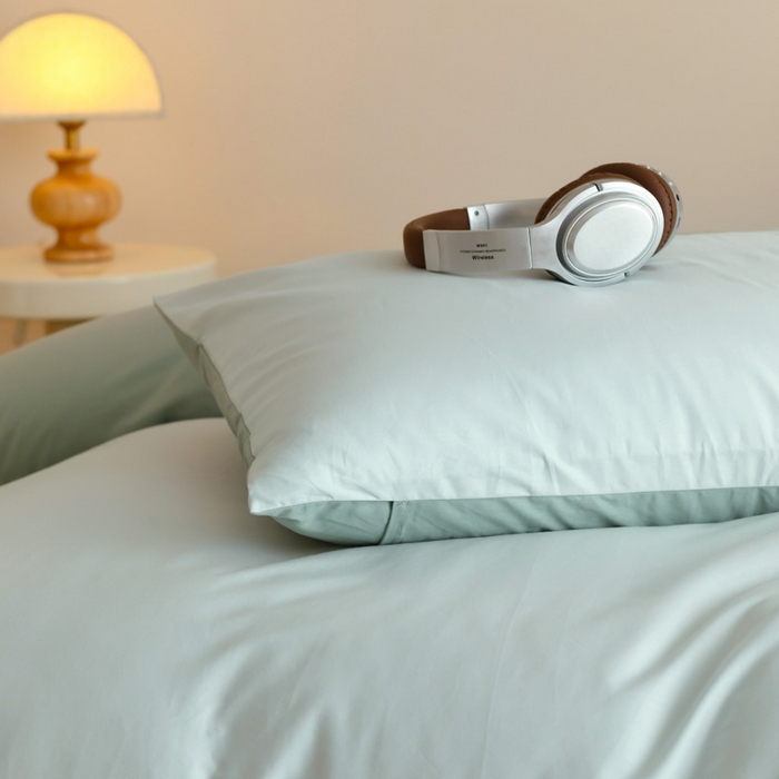 91家纺网 家纺一手货源 找家纺 泽西家纺+V17798841158发大图 2026新品A类全棉13376简约纯色双拼全棉四件套单被套枕套三件套 浅绿+豆绿