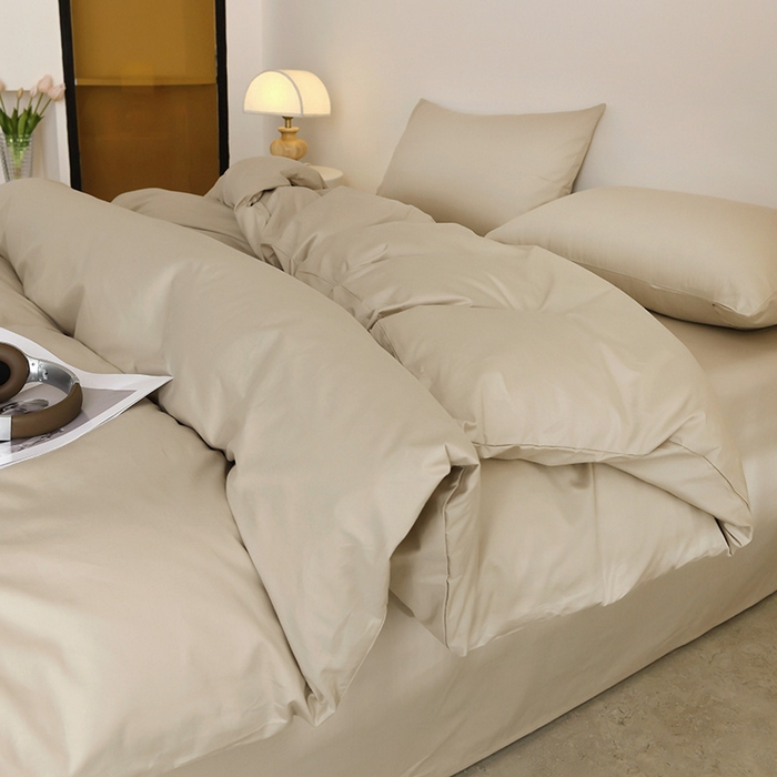 91家纺网 家纺一手货源 找家纺 泽西家纺+V17798841158发大图 2026新品A类全棉13376简约纯色双拼全棉四件套单被套枕套三件套 卡其