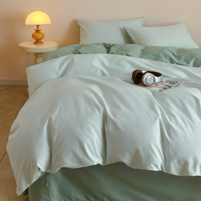 91家纺网 家纺一手货源 找家纺 泽西家纺+V17798841158发大图 2026新品A类全棉13376简约纯色双拼全棉四件套单被套枕套三件套 浅绿+豆绿