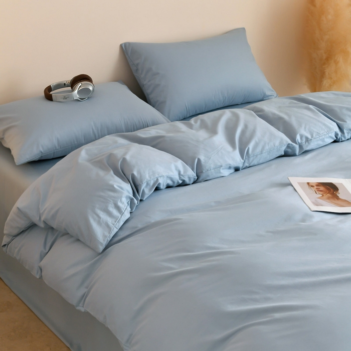 91家纺网 家纺一手货源 找家纺 泽西家纺+V17798841158发大图 2026新品A类全棉13376简约纯色双拼全棉四件套单被套枕套三件套 雾蓝