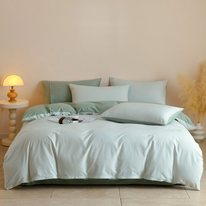 91家纺网 家纺一手货源 找家纺 泽西家纺+V17798841158发大图 2026新品A类全棉13376简约纯色双拼全棉四件套单被套枕套三件套 浅绿+豆绿