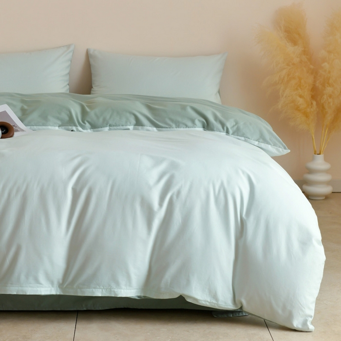 91家纺网 家纺一手货源 找家纺 泽西家纺+V17798841158发大图 2026新品A类全棉13376简约纯色双拼全棉四件套单被套枕套三件套 浅绿+豆绿