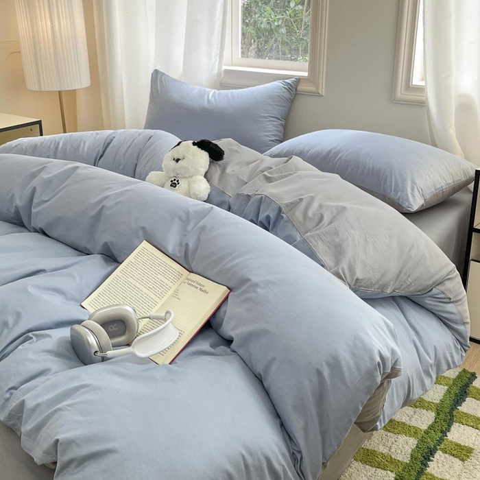 91家纺网 家纺一手货源 找家纺 泽西家纺+V17798841158发大图 2026新品A类全棉13376简约纯色双拼全棉四件套单被套枕套三件套 淡蓝+深灰