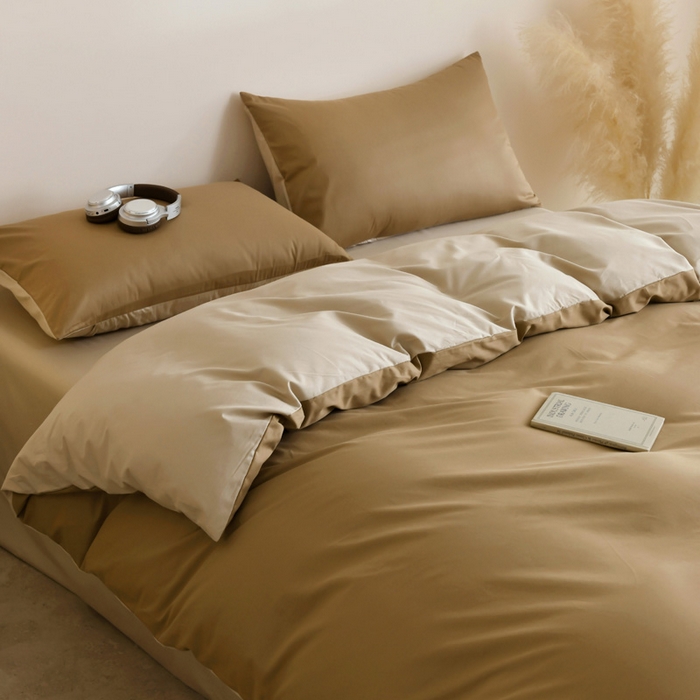 91家纺网 家纺一手货源 找家纺 泽西家纺+V17798841158发大图 2026新品A类全棉13376简约纯色双拼全棉四件套单被套枕套三件套 焦糖+卡其