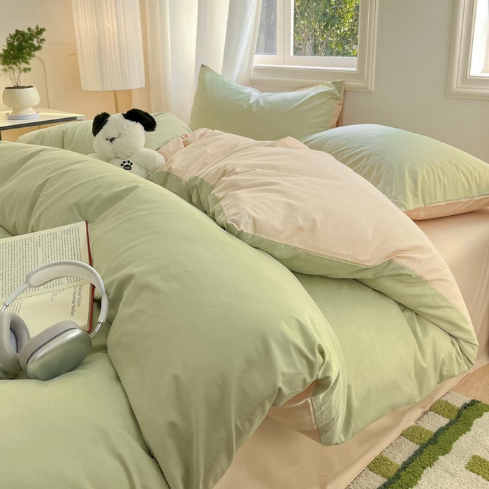 91家纺网 家纺一手货源 找家纺 泽西家纺+V17798841158发大图 2026新品A类全棉13376简约纯色双拼全棉四件套单被套枕套三件套 橄榄绿+奶茶
