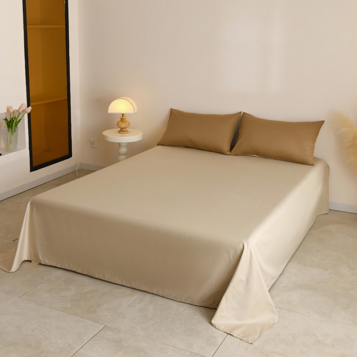 91家纺网 家纺一手货源 找家纺 泽西家纺+V17798841158发大图 2026新品A类全棉13376简约纯色双拼全棉四件套单被套枕套三件套 焦糖+卡其