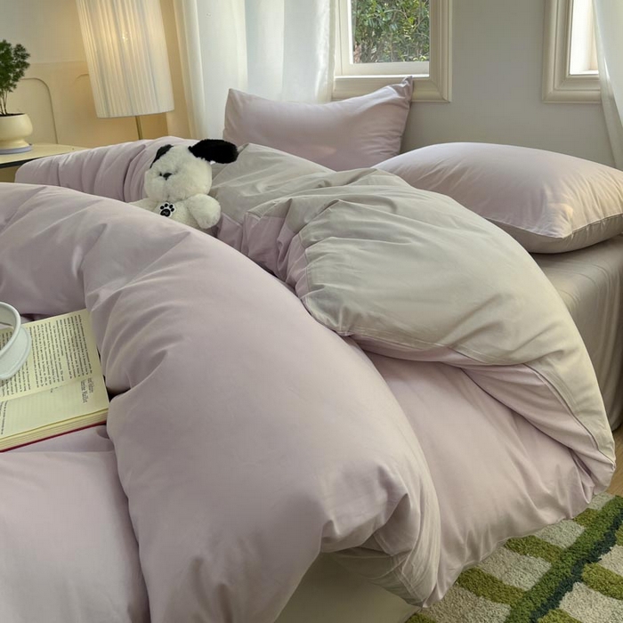 91家纺网 家纺一手货源 找家纺 泽西家纺+V17798841158发大图 2026新品A类全棉13376简约纯色双拼全棉四件套单被套枕套三件套 淡雅紫+山灰