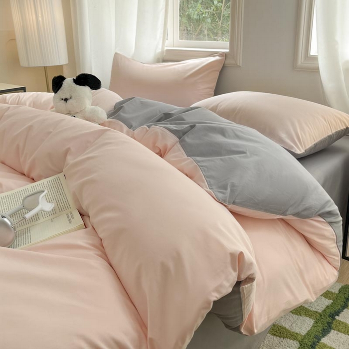 91家纺网 家纺一手货源 找家纺 泽西家纺+V17798841158发大图 2026新品A类全棉13376简约纯色双拼全棉四件套单被套枕套三件套 樱粉+深灰