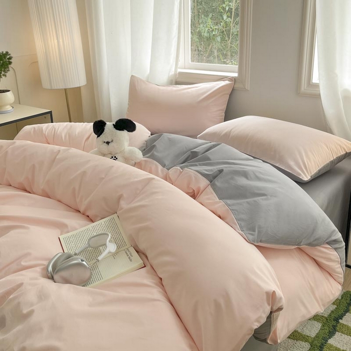 91家纺网 家纺一手货源 找家纺 泽西家纺+V17798841158发大图 2026新品A类全棉13376简约纯色双拼全棉四件套单被套枕套三件套 樱粉+深灰