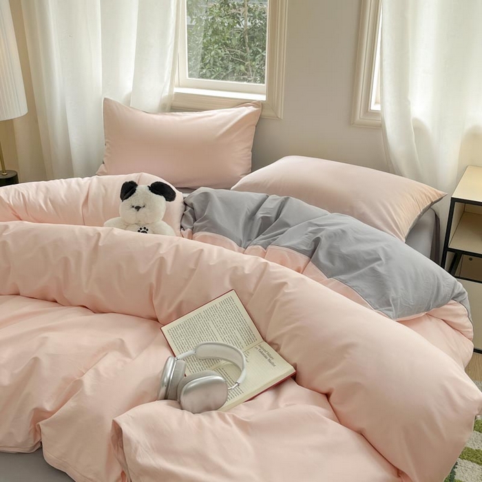 91家纺网 家纺一手货源 找家纺 泽西家纺+V17798841158发大图 2026新品A类全棉13376简约纯色双拼全棉四件套单被套枕套三件套 樱粉+深灰